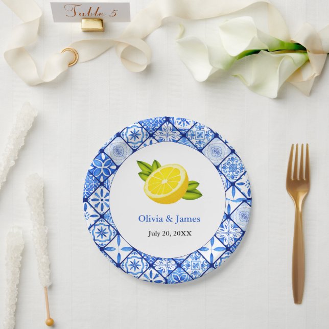 Italienische Hochzeit der blauen Tile Lemon Pappteller (Hochzeit)