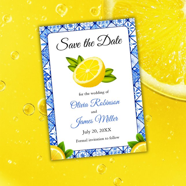 Italienische Hochzeit der blauen Tile Lemon Save The Date (Mediterranean Italian Blue Tile Lemon Wedding Save The Date )