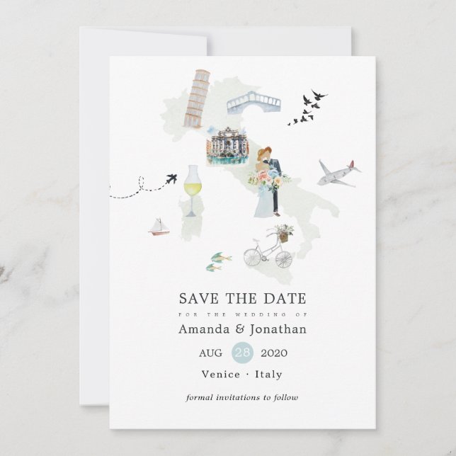 Italienische Hochzeit in Urlaubsort Wasserfarbe Save The Date (Vorderseite)