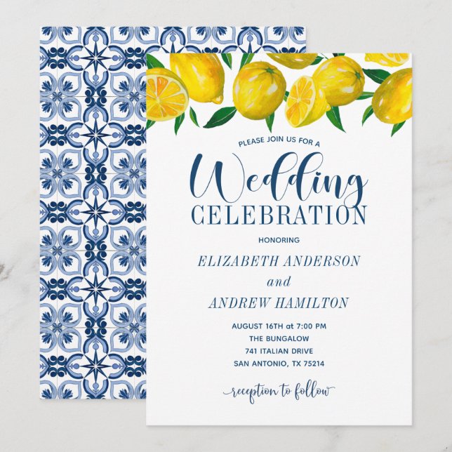 Italienische Hochzeitseinladung mit blauen Fliesen Einladung (Vorne/Hinten)