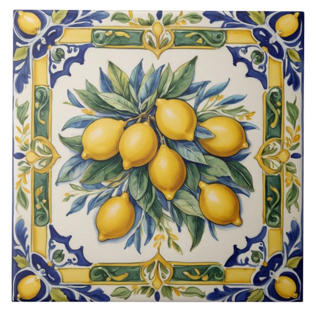 Italienische Keramik Lemon Tile Blue Majolica Fliese (Vorderseite)