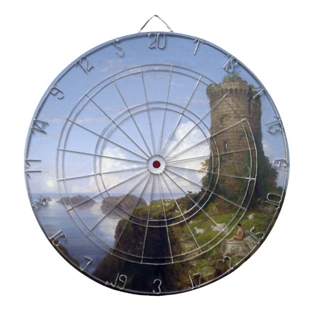 Italienische Küstenlandschaft mit Ruinenturm Dartscheibe (vorne)