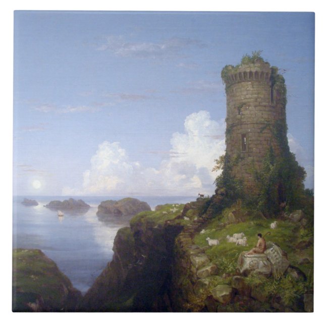 Italienische Küstenlandschaft mit Ruinenturm Fliese (Vorderseite)