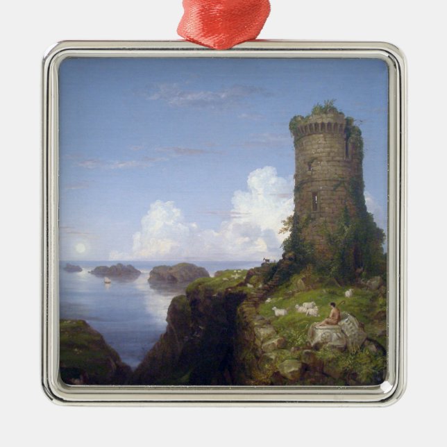 Italienische Küstenlandschaft mit Ruinenturm Ornament Aus Metall (Vorne)