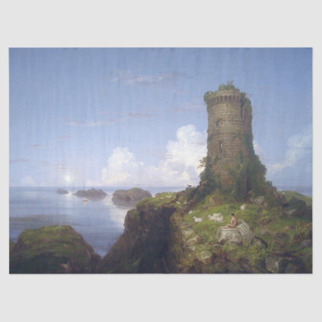 Italienische Küstenlandschaft mit Ruinenturm Seidenpapier (Vorderseite)