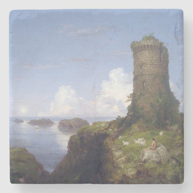 Italienische Küstenlandschaft mit Ruinenturm Steinuntersetzer (Vorderseite)