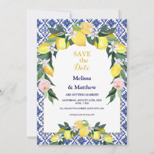 Italienische Lemon Blue Tiles Mediterranean Weddin Save The Date