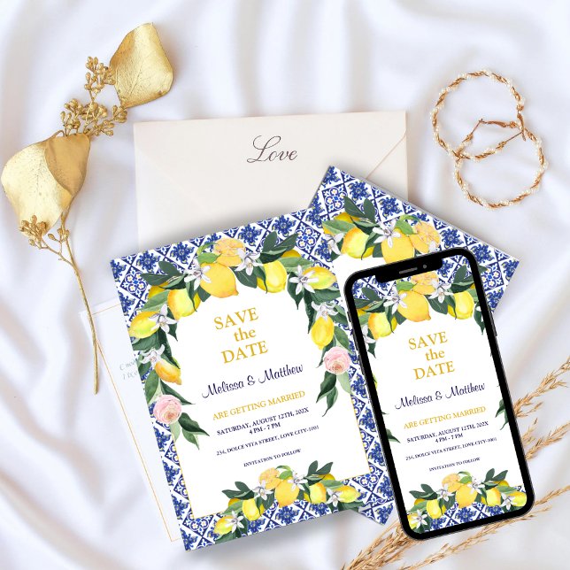 Italienische Lemon Blue Tiles Mediterranean Weddin Save The Date (Von Creator hochgeladen)