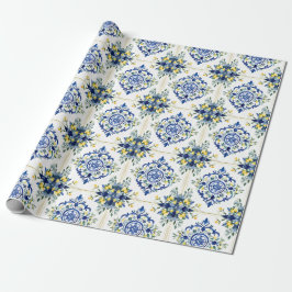 Italienische Lemon Floral Tile Blau und Weiß Decou Geschenkpapier