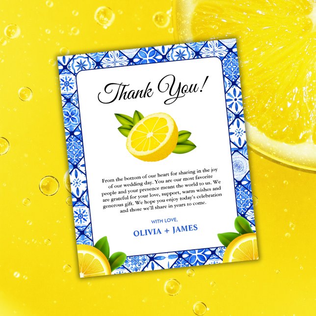 Italienische Lemon-Hochzeit im Mittelmeer Danke-Ka (Mediterranean Italian Lemon Wedding Thank You Card )