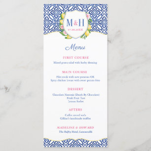 Italienische Lemons Blue Tile Monogram Wedding Menükarte