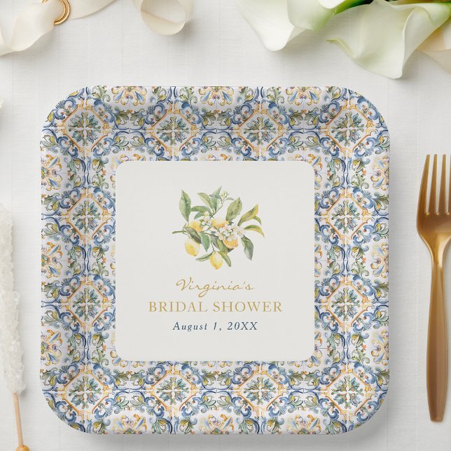 Italienische Papierplatte für Brautparty Pappteller (Italian Lemon Blue Bridal Shower Paper Plate by Painted Paperie
)