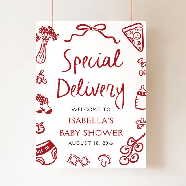 Italienische Pizza Special Lieferung Baby Dusche W Poster (Hand drawn Italian Pizza Special Delivery Baby Shower Welcome)