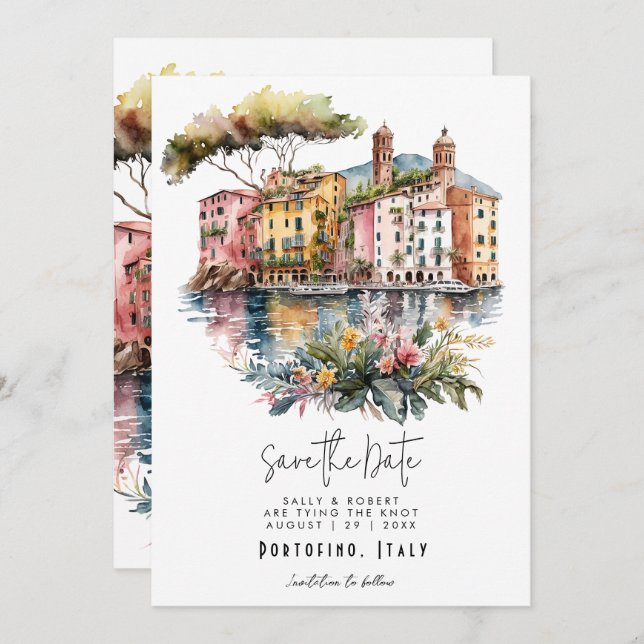 Italienische Riviera Portofino Save the Date Karte (Vorne/Hinten)