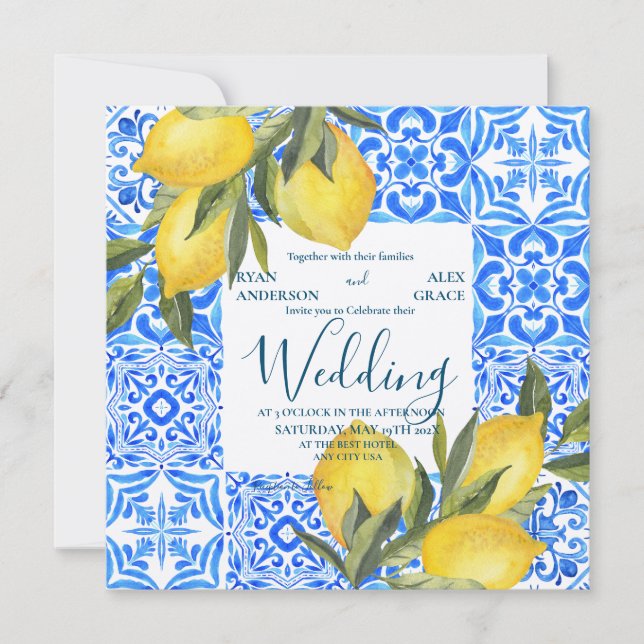 Italienische Tile Wasserfarbe mit Lemon Wedding Einladung (Vorderseite)