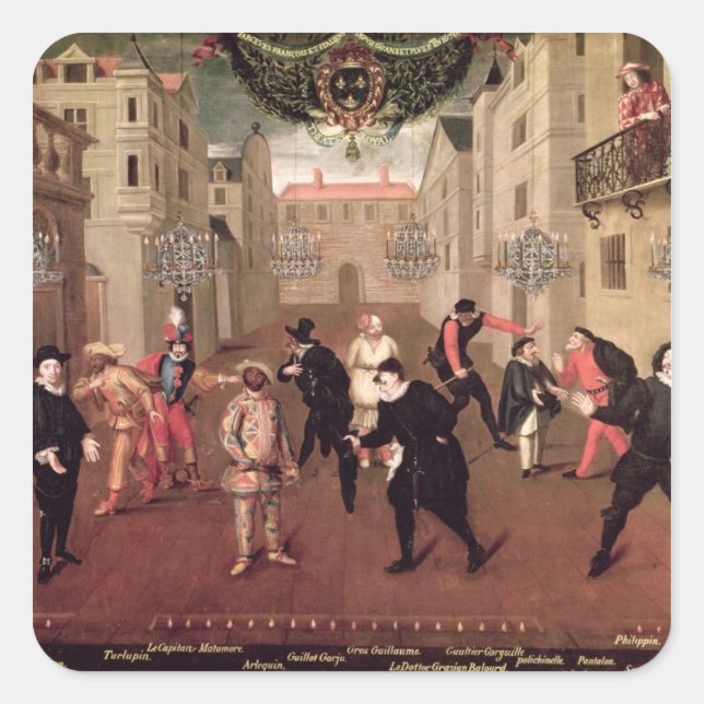 Italienische und französische Komödianten Quadratischer Aufkleber (Vorderseite)