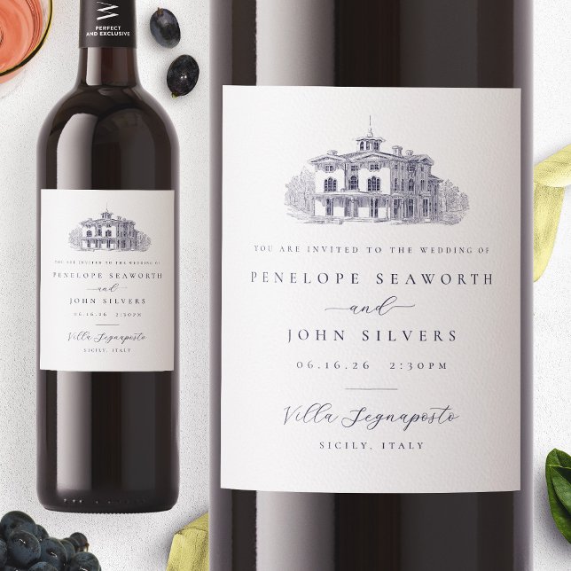 Italienische Villa Illustration Hochzeit Einladung Weinetikett (Italian Villa Illustration Wedding Invitation Wine Label)
