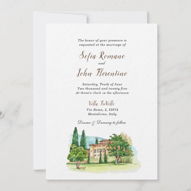 Italienische Villa Watercolor Hochzeit Ultra Papie Einladung (Vorderseite)