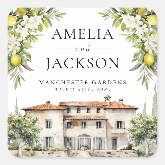 Italienische Villen Lemons & Olives Quadratischer Aufkleber (Vorderseite)