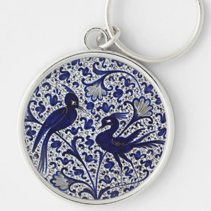Italienische Vintage-Liebesvögel im Blau-Gold-Stil Schlüsselanhänger