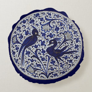 Italienische Vintage-Liebesvögel in Blau, Weiß und Rundes Kissen