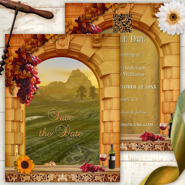 Italienische Weinbergshochzeit rettet das Datum Ankündigung (Italian Save the Date card with classic Roman arch and grapes with red wine - with QR code template)