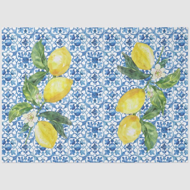 Italienische Zitronen Blau Weiße Fliesen Decoupage Seidenpapier (Vorderseite)