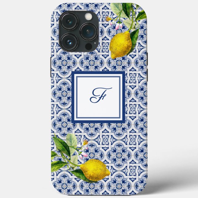 Italienische Zitronen blaue weiße Fliesen iPhone / Case-Mate iPhone Hülle (Rückseite)