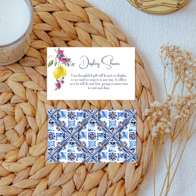 Italienische Zitronen Bougainvillea Zitrusfrüchte  Begleitkarte (Vintage Italian maiolica blue tiles lemons bougainvillea citrus display shower enclosure card)