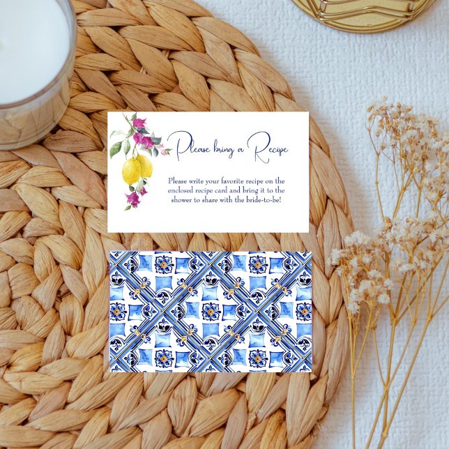 Italienische Zitronen Bougainvillea Zitrusrezepte  Begleitkarte (Vintage Italian maiolica blue tiles lemons bougainvillea citrus bridal shower recipe request card)