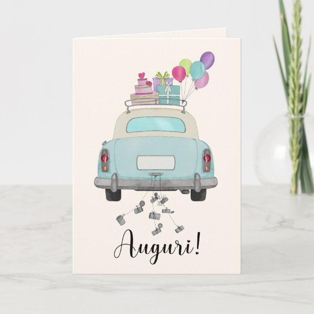 Italienischer Auguri Wedding Day Blue Retro Car Karte (Vorderseite)