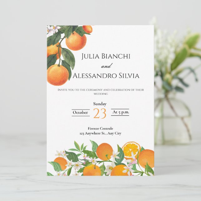 Italienischer Citrus Orange Blossom Hochzeitsempfa Einladung (Stehend Vorderseite)