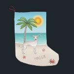 Italienischer Grauschwund im Tropical Summer Beach Kleiner Weihnachtsstrumpf<br><div class="desc">Desteis originelle Cartoon-Illustration einer niedlichen Creme Farbe Italienische Greyhound / Iggy Rasse Hund stehend in einer tropischen Sommer Strand-Szene. Der beige Sand ist mit einer Palme, einer rosa Muschel, einem Seestern und einer roten Krabbe verziert. Das Wasser ist türkisblau mit einigen Wellen und die Sonne scheint über dem Horizont. Es...</div>