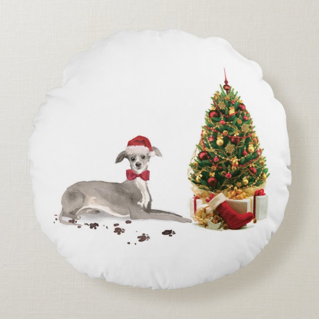 Italienischer Greyhound Funny Christmas Dog mit Ba Rundes Kissen (Vorderseite)