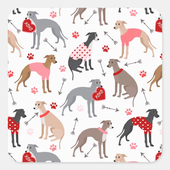Italienischer Greyhound Valentine Pattern Square S Quadratischer Aufkleber (Vorderseite)