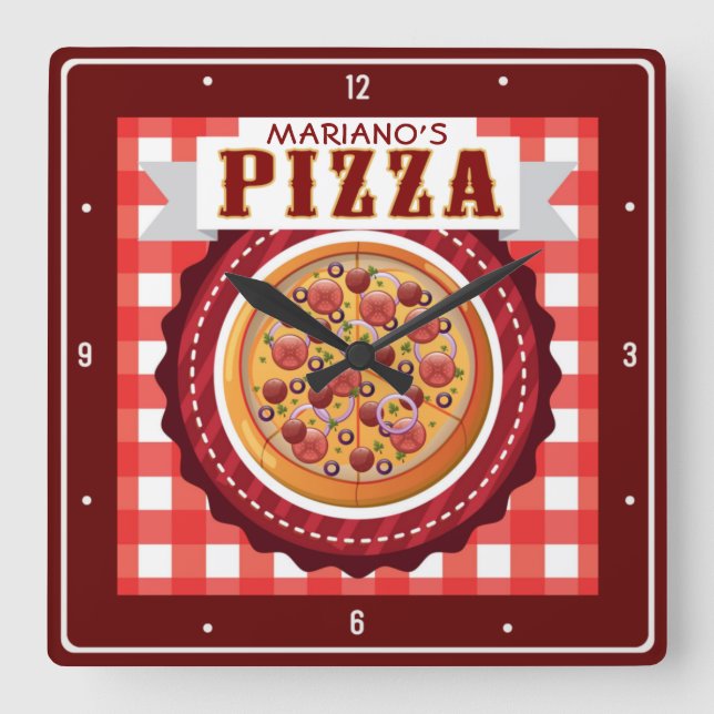 Italienischer Pizzeria Personalisiert Pizza Parlor Quadratische Wanduhr (Vorderseite)