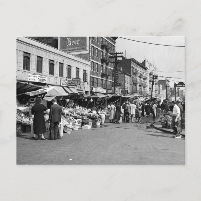 Italienischer Puschcart-Markt, Bronx: 1940 Postkarte (Vorderseite)