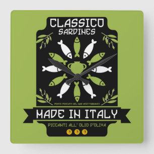 Italienischer Sardinen-Kunstdruck Küchengeschenk Quadratische Wanduhr