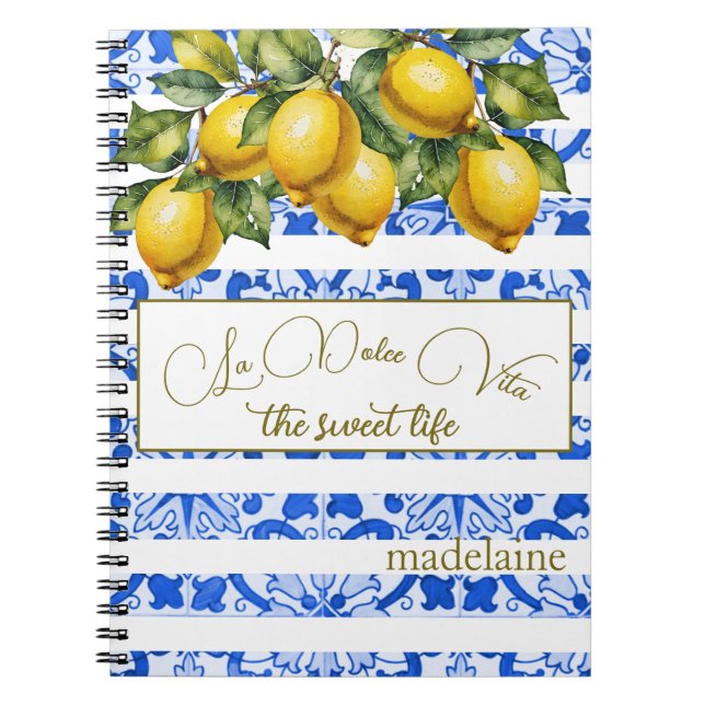 Italienischer Sommerlemon Botanischer Blauer TileS Notizblock (Vorderseite)