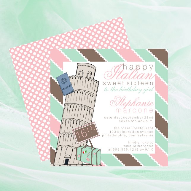 Italienischer Spumoni Schiefer Turm Sweet 16 Gebur Einladung (Italian Spumoni Leaning Tower of Pisa Sweet 16 Travel Destination Birthday Invitation)