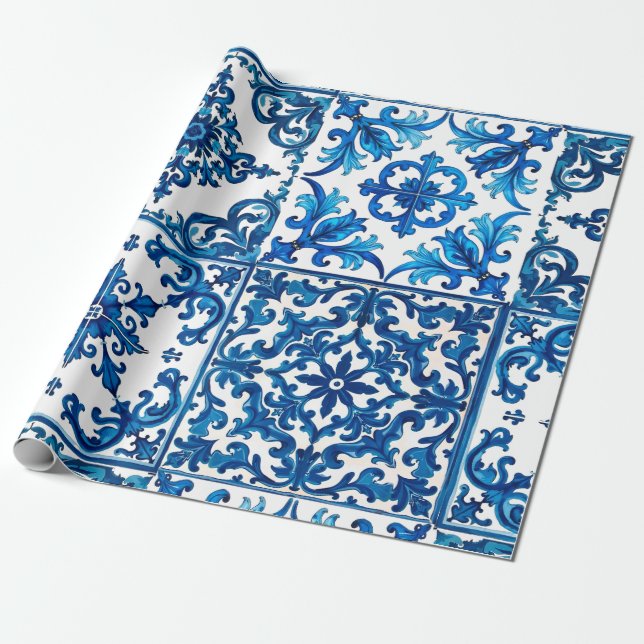 italienischer Stil, mediterran, mosaik, blau, Geschenkpapier (Ungerollt)