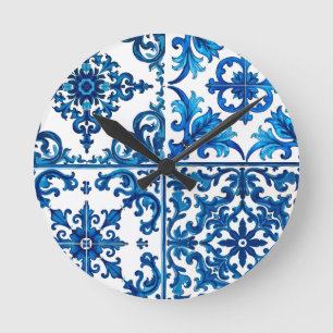 italienischer Stil, mediterran, mosaik, blau, Runde Wanduhr