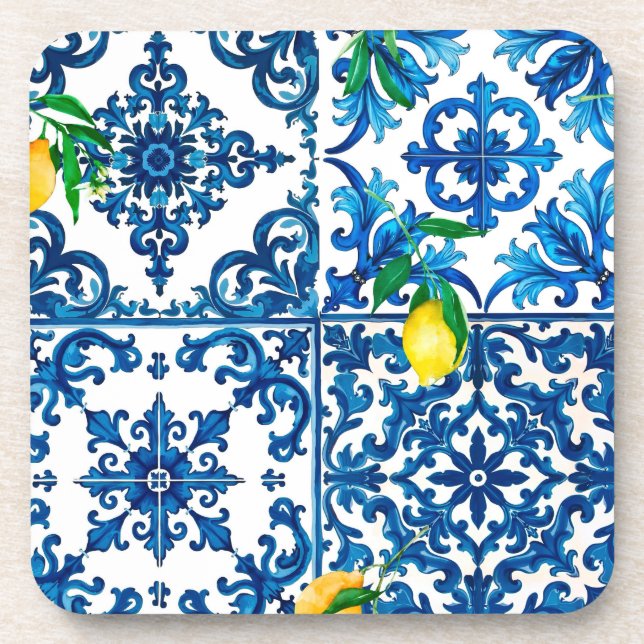 italienischer Stil, mediterran, mosaik, blau, Zitr Getränkeuntersetzer (Vorderseite)