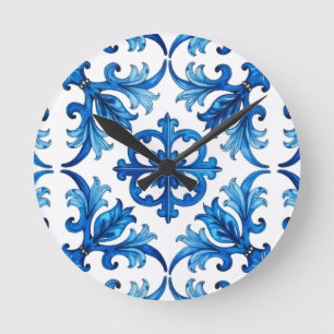 Italienischer Stil,Mittelmeer,Mosaik,blau, Runde Wanduhr
