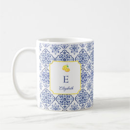 Italienischer Zitronen-Blau-Fliesen-Monogramm-Mitt Kaffeetasse