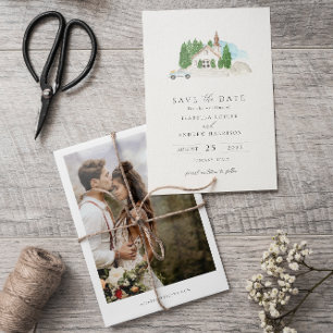 Italienisches Aquarell-Haus Foto Save The Date Einladung