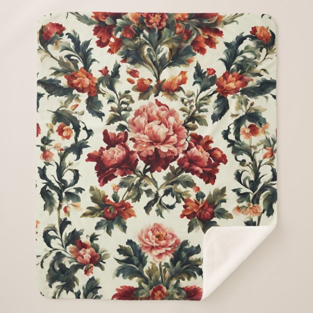 Italienisches Barock. Chic Blume und Blätter Sherpadecke (Vorderseite)