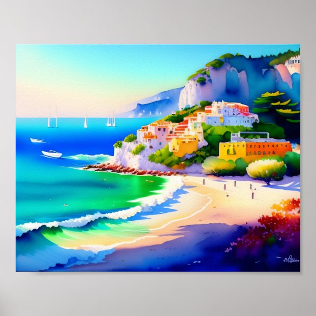 Italienisches Beach Village Wasserfarbe Poster (Vorne)