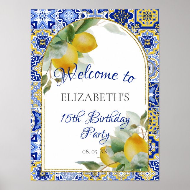 Italienisches blaues Tiles Lemons Aquarell Party W Poster (Vorne)