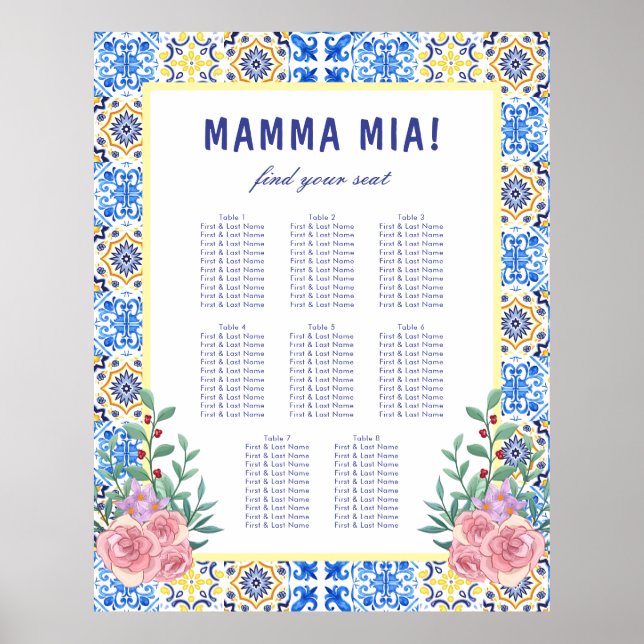 Italienisches Blue Tile Mamma Baby Shower Chart Poster (Vorne)